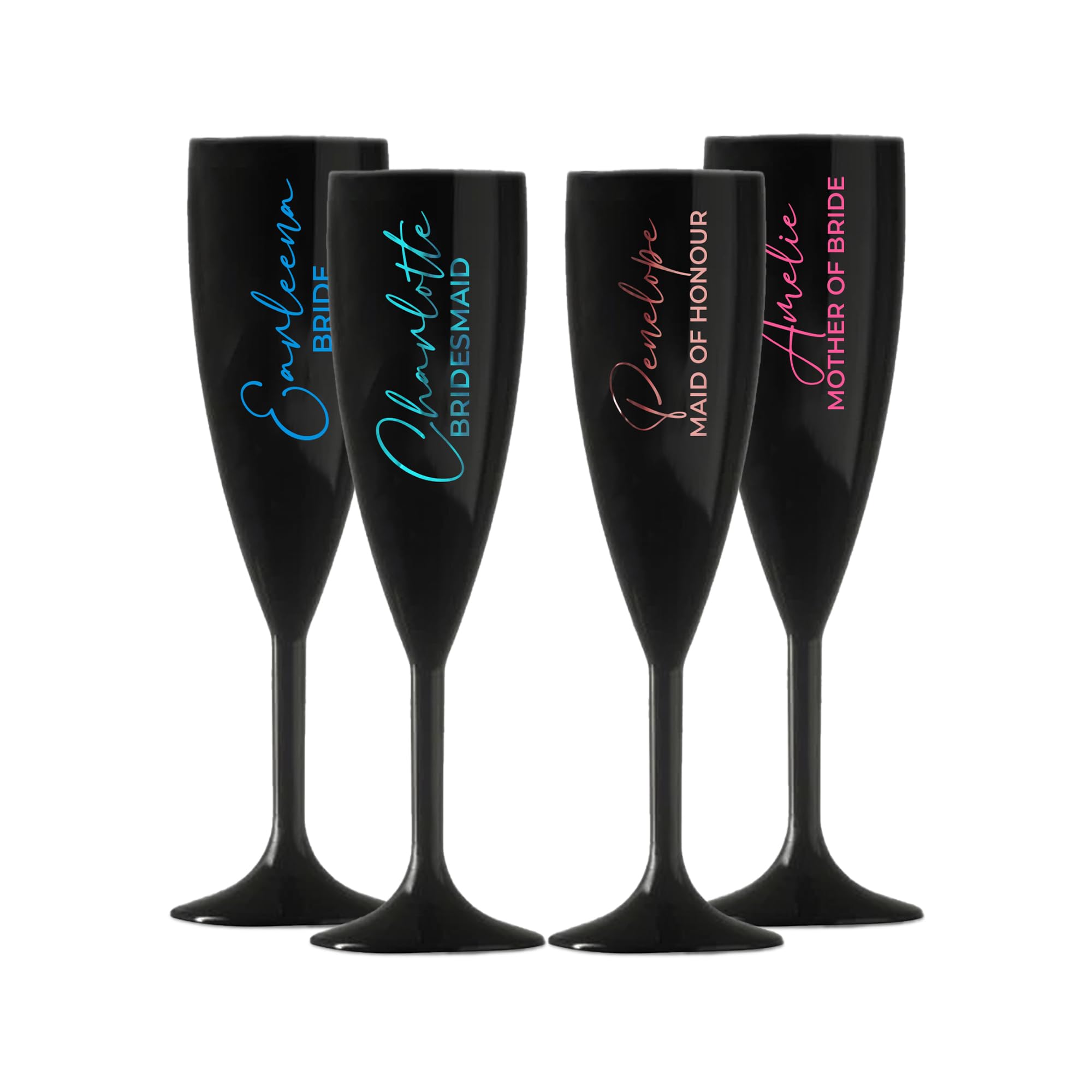 Personalised Champagne Premium Flute Glass Bride Groom Mr Mrs Wedding Maid Honour Any Name Wine Cocktail Prosecco Gift (Black, Set 4 Bride Side)