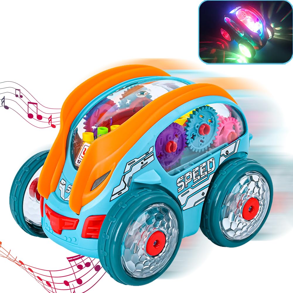 Baby Toys 1 Year Old Girls Boy Gifts, Musical Gear Car Toys Electric Train Toy Transparent Rotating Mechanical Gear Train Stunt Dumper Rotating Tumble Toys, Crawling Educational Toys Gift for Kids