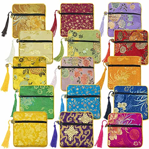 15 Pcs Silk Coin Bags, Jewelry Gift Bags, Coin Pouch, Zipper Coin Pouch, Chinese Style Change Purse, Accessory Storage and Organization for Women (4.7 x4.7 inches)