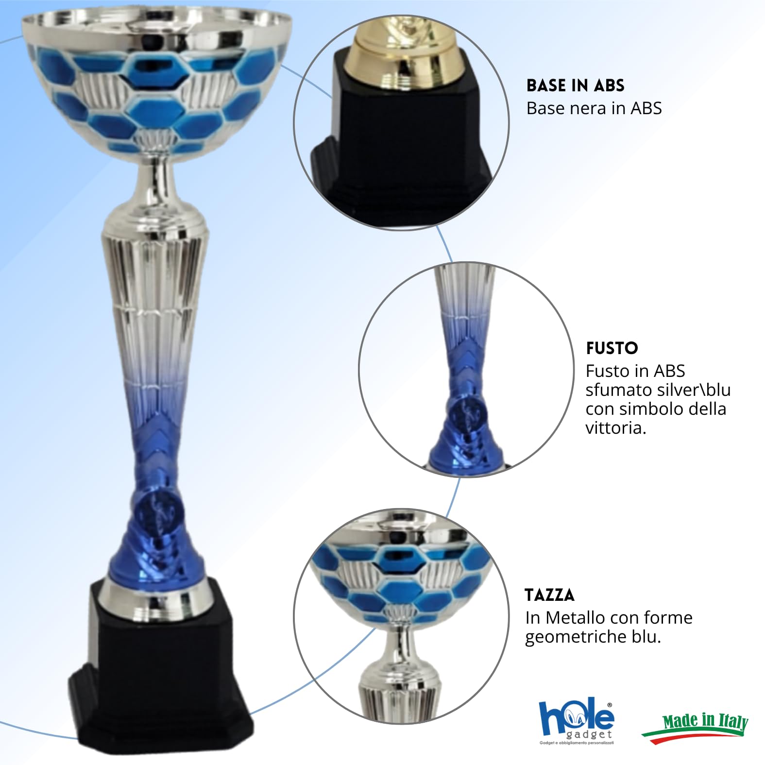 Coppa Trofeo Premiazione Personalizzata, Argento e Blu, Metallo, con Targhetta Stampata Inclusa, Varie Misure per Calcio, Fantacalcio, Eventi Sportivi, Padel, Basket, Sport.