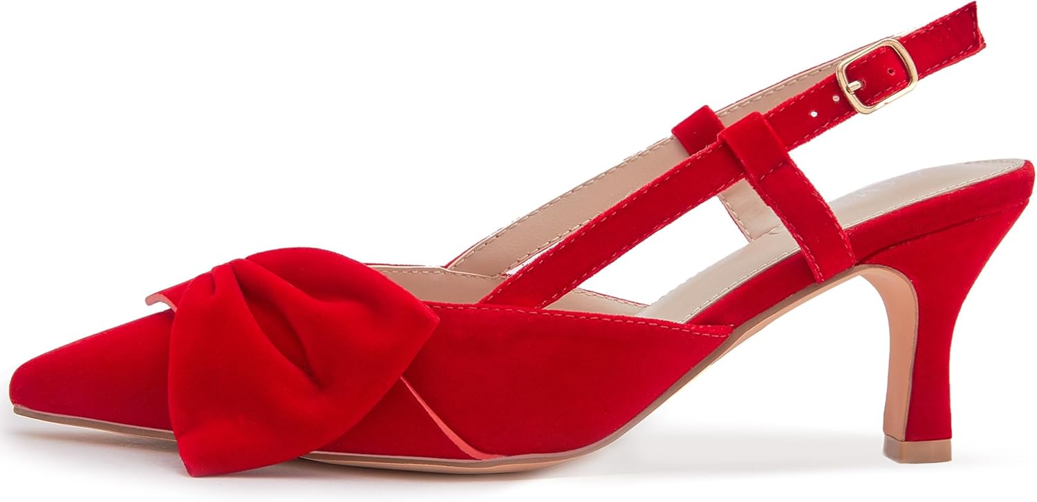 CAMSSOO Slingback Kitten Heels for Women Suede Bow Closed Pointed Toe Pumps Low Heel Dress Shoes Wedding Party Office - Image 7