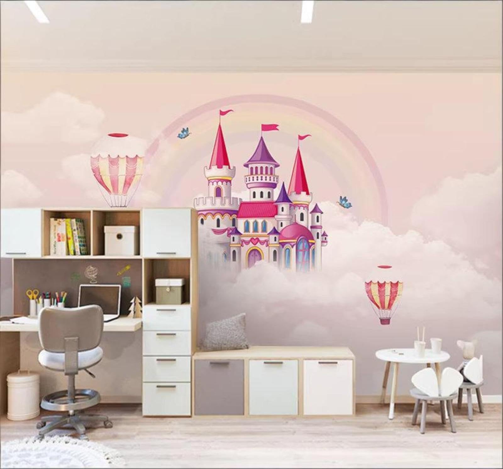 Beautiful Dreamy Pink Rainbow Castle 3D Wallpaper Easy Install Feature Office Living Room Sofa Bedroom TV Background Wall Decoration-150cm×105cm