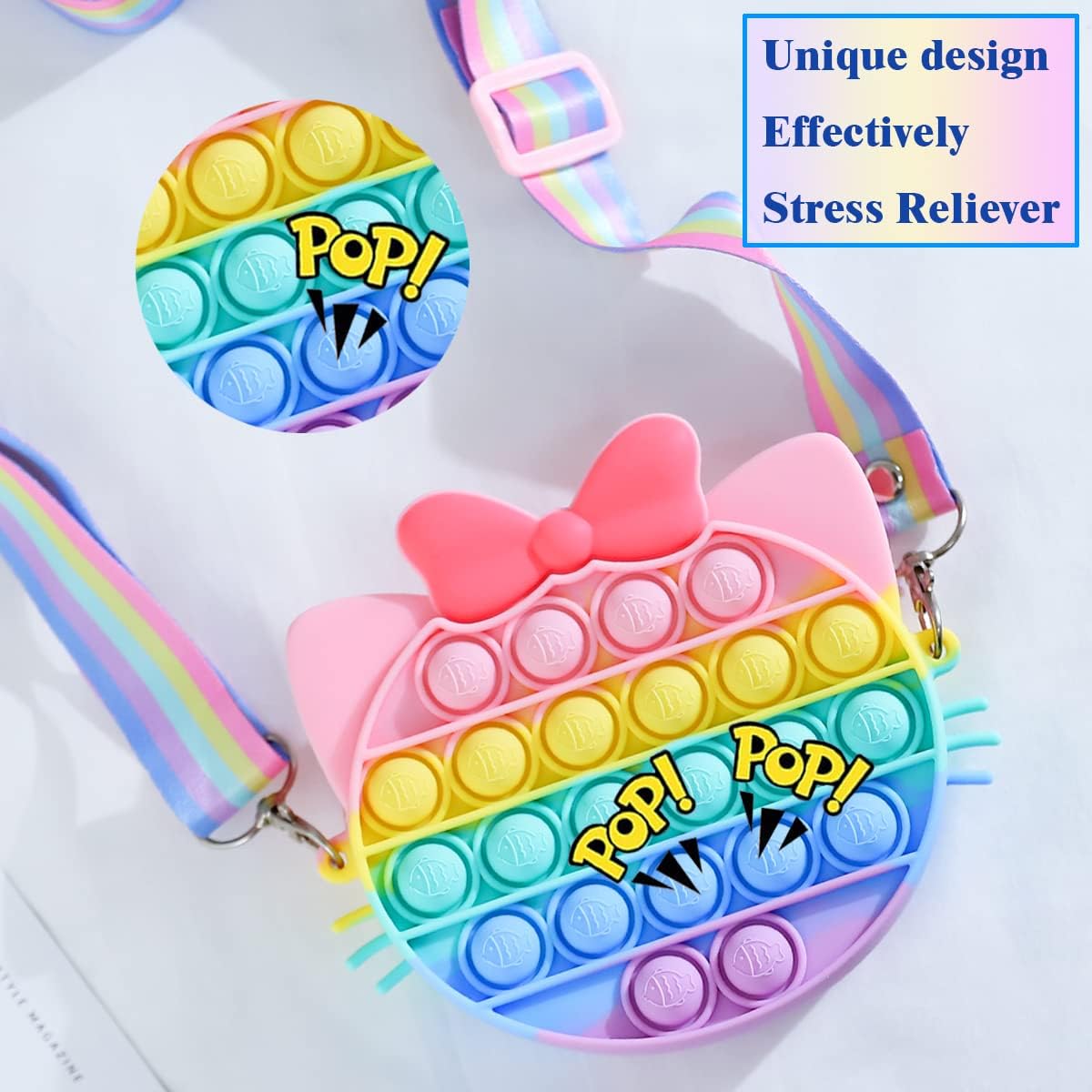COYONO Pop Shoulder Bag,Pop Push Bubble Rainbow Cat It Fidget Purse Bag Toys,Kitty Pop Its Purse for Girls crossbody and Kids,Rainbow Cat Pop Sensory Poppers Toys for boys