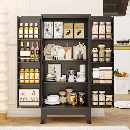 Miniatura 9 de Armario de almacenamiento de despensa de cocina de metal con 2 puertas y 3 estantes ajustables, armario de despensa con pie de nivelación ajustable