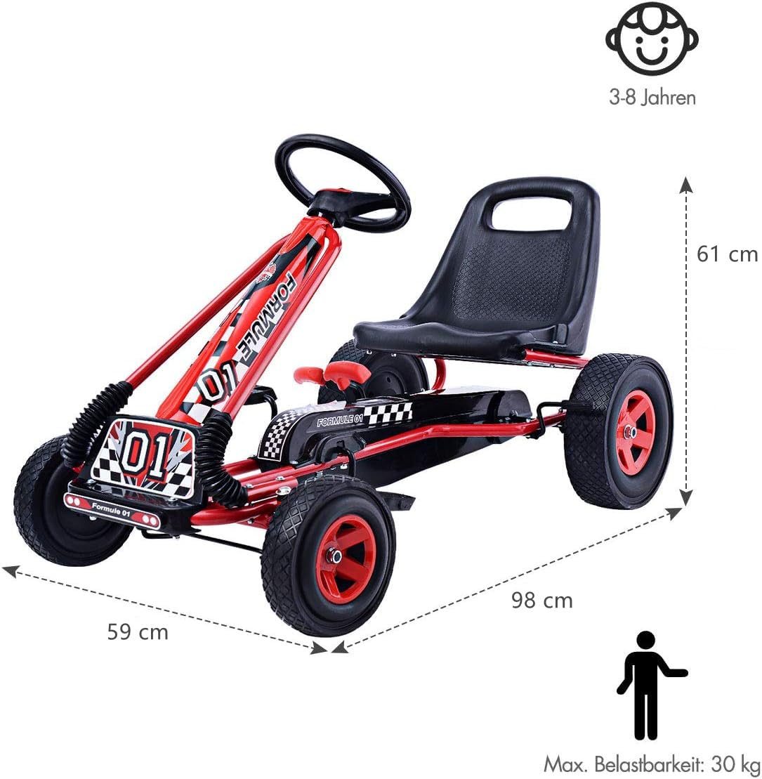 DREAMADE Kinder Go Kart Tretfahrzeug, Tretauto mit Bremsen, Kinderfahrzeug Pedalfahrzeug mit Verstellbarem Sitz für Kinder ab 3 Jahre (Rot)
