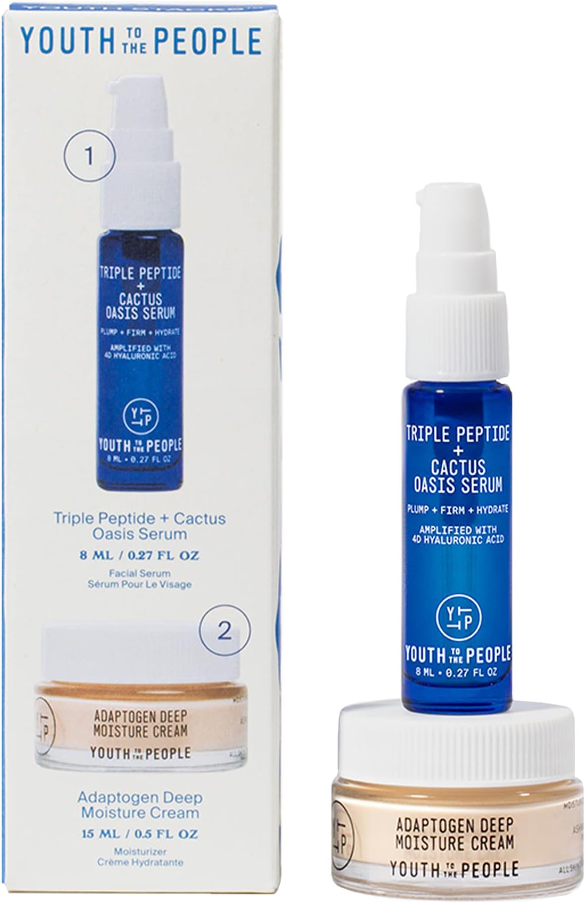 Plump It Up Youth Stack - Travel Size Triple Peptide + Cactus Oasis Serum (8ml) Adaptogen Deep Moisture Cream (15ml) - Vegan Face Serum + Face Cream Skincare Gift Set