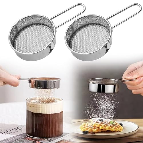 2 Pack Powdered Sifter for Sugar- Flour Sifter Mini Small Drainer for Baking, Powder, Sugar and Coffee Pastas Tea Strainer (Silver)