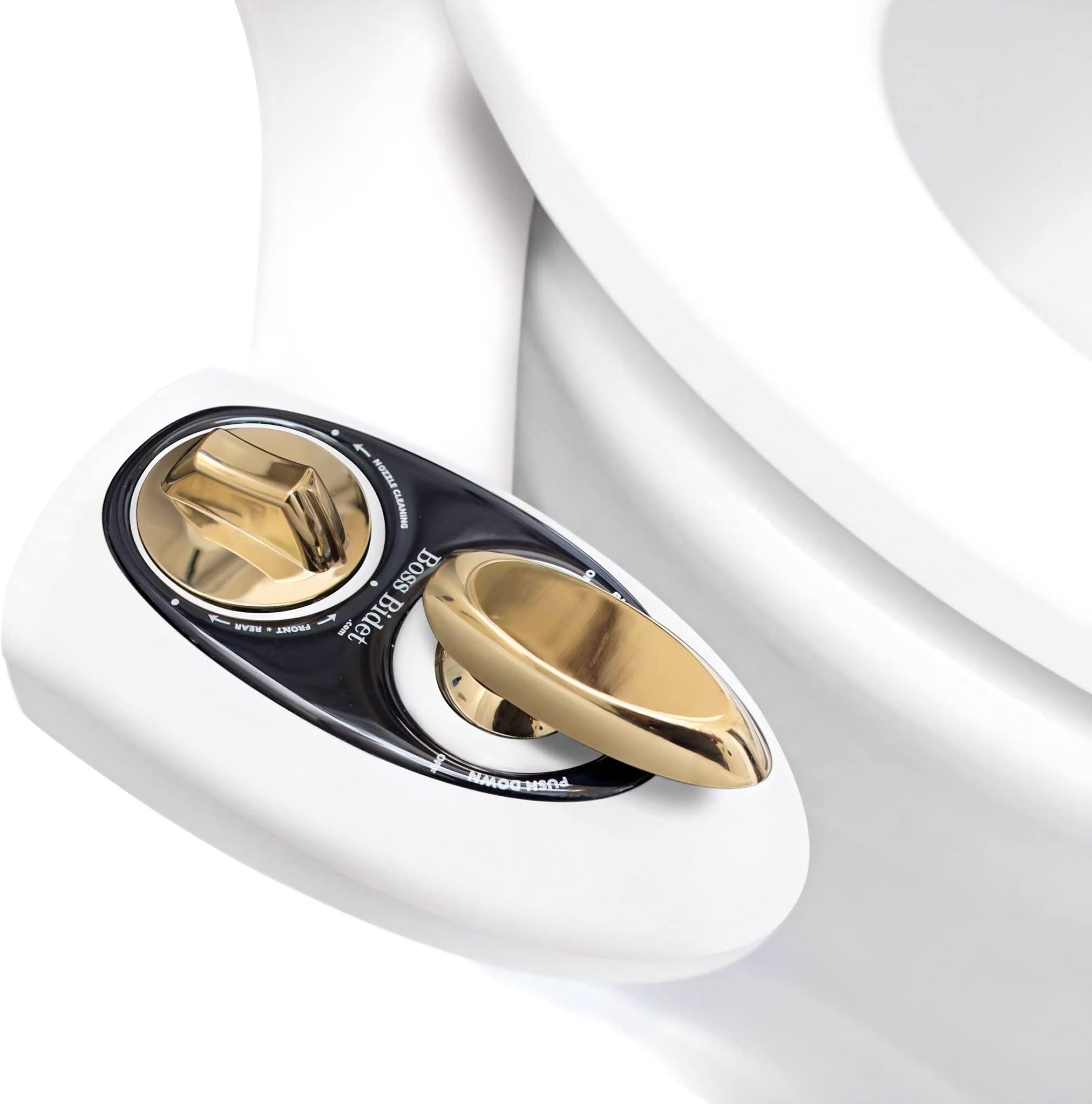 BOLD Toilet Attachment | Cleans Your Rear | Dual Nozzle | Self Cleaning Sprayer Feature | Comes with Everything needed | Attaches in 15 minutes | One Year Warranty | White & Gold