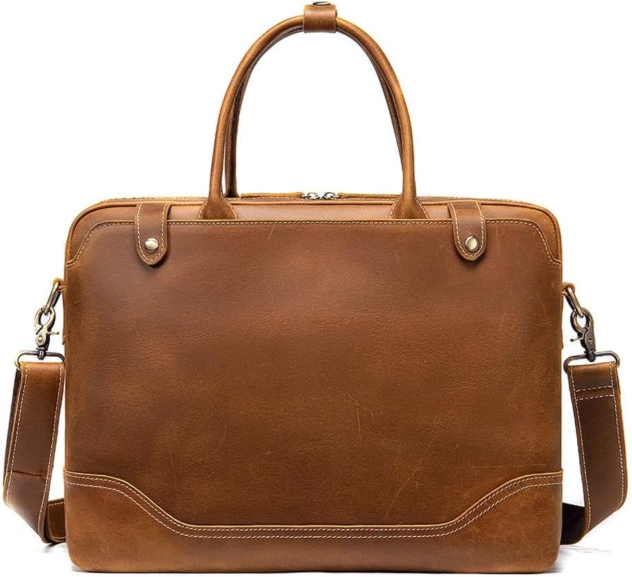 Crazy Horse Leather Briefcase Laptop Bag Vintage Top Layer Cowhide Crossbody Shoulder