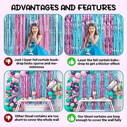 Image of Voircoloria 2 Pack 3.3x8.2 Feet Blue and Pink Foil Fringe Backdrop Curtains, Tinsel Streamers Birthday Party Decorations, Fringe Backdrop for Graduation, Baby Shower, Gender Reveal, Disco Party