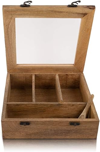 Caja de té de madera para almacenamiento, organizador de cofre con 4 compartimentos de almacenamiento grandes para una variedad de especias y