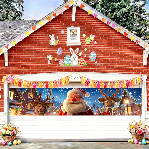 Image of Santa and Reindeer Outdoor Banner 78.7 x 17.7 Inch Jolly Santa with Gifts and Reindeer Festive Winter Scene Holiday Decoration for Yard Garden Porch Fence or Patio Display