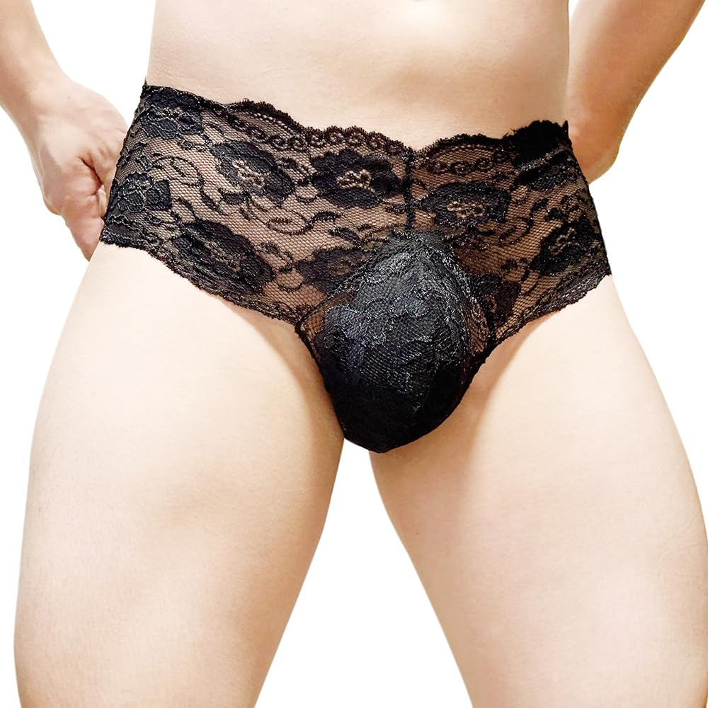 2 PACK Men’s Lace Briefs Transparent Floral Pattern Soft Low Rise Underwear Sexy Breathable Sheer Lingerie Panties
