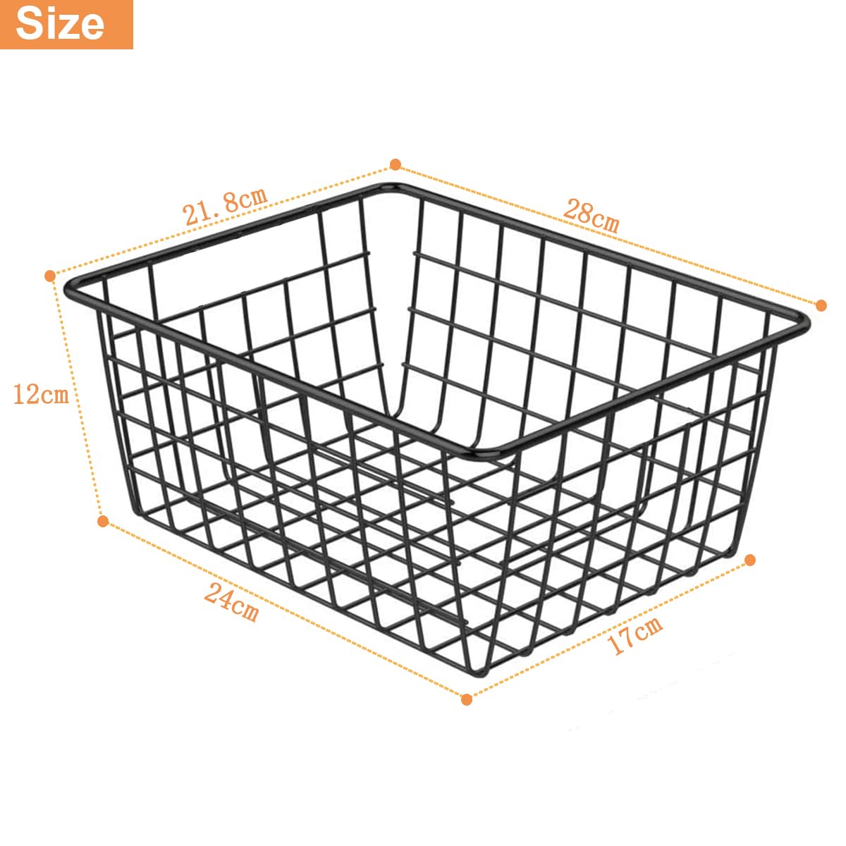 Paquete de 4 cestas de almacenamiento de alambre negro, cestas organizadoras de alambre con asas, cestas de metal para congelador, estantes de refrigerador, despensa, almacenamiento de baño, 28