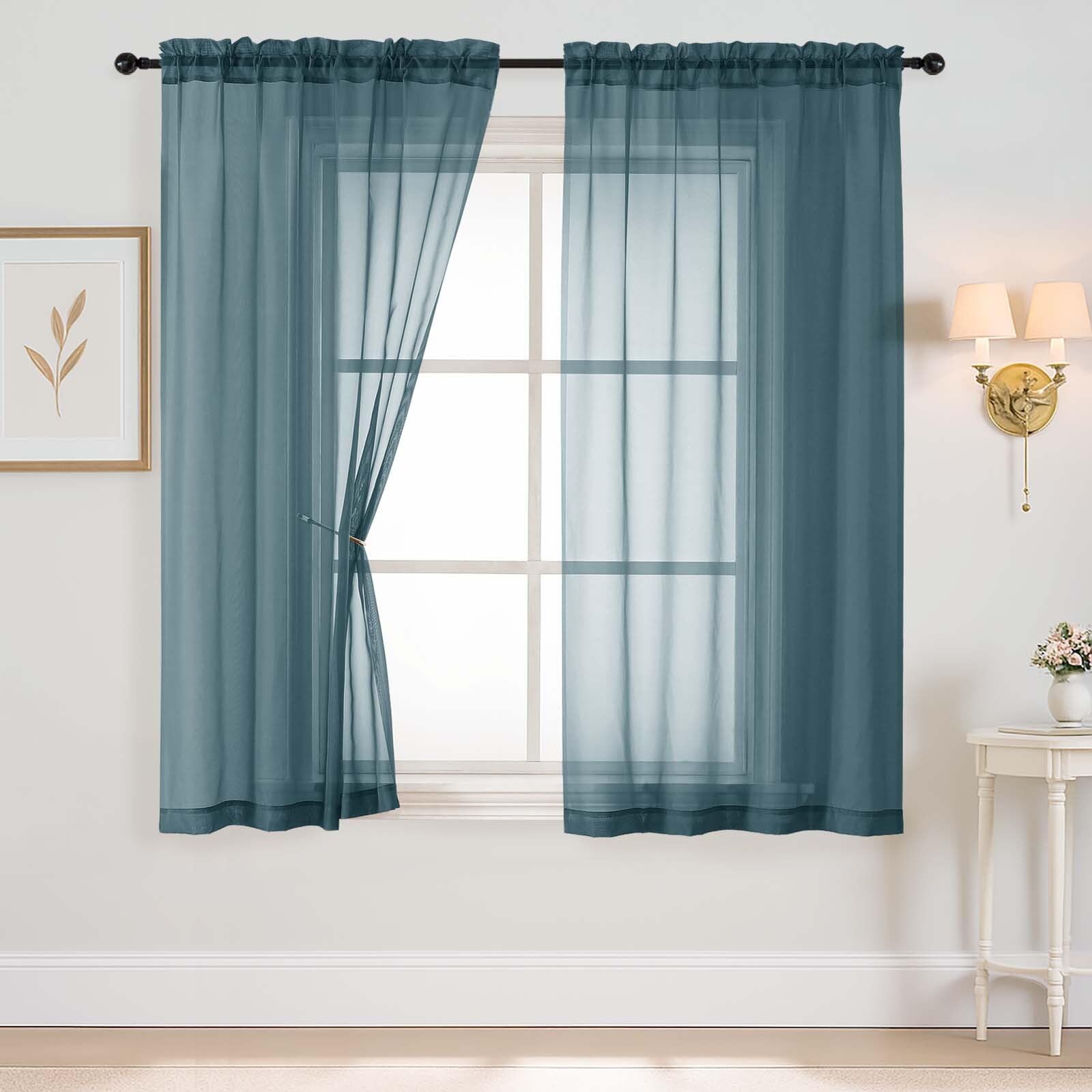 Ebesto Dusty Blue Sheer Curtains 63 Inch Length 2 Panels, Voile Sheer Curtain for Living Room, Breathable Light Filtering Window Treatments, Soft Fabric Dual Rod Pocket Drapes, 2x42Wx63L Inches