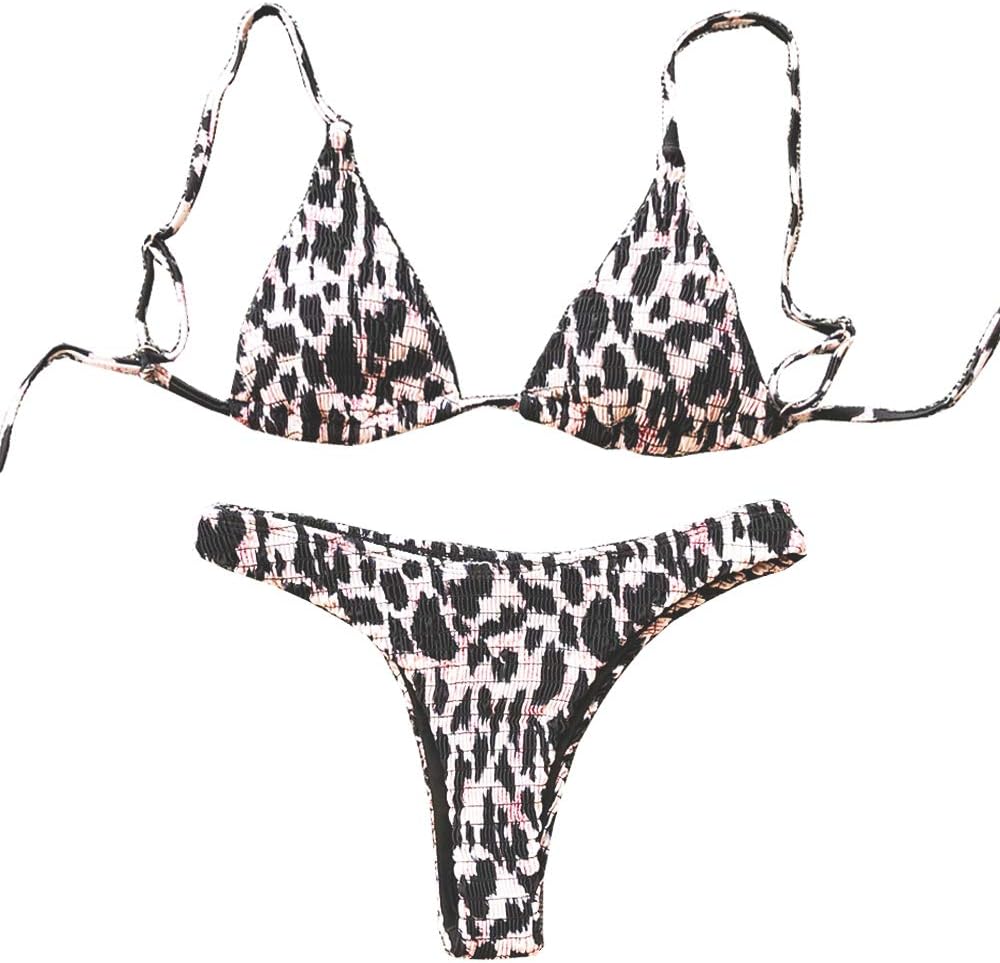 YAUASOPA Women Striped Triangle Bikini Sets Female Top Tie Side Bottom Padded Swimsuit (L(US6-8), Black Leopard)