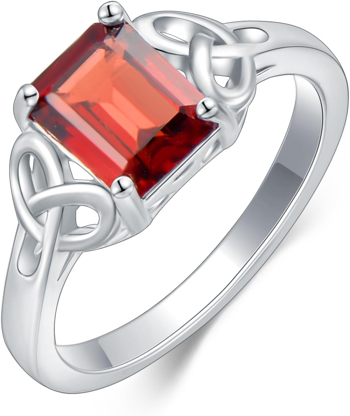 Celtic Knot Ring for Women 925 Sterling Silver Emerald Cut Red Garnet Engagement Promise Ring for Her Ladies