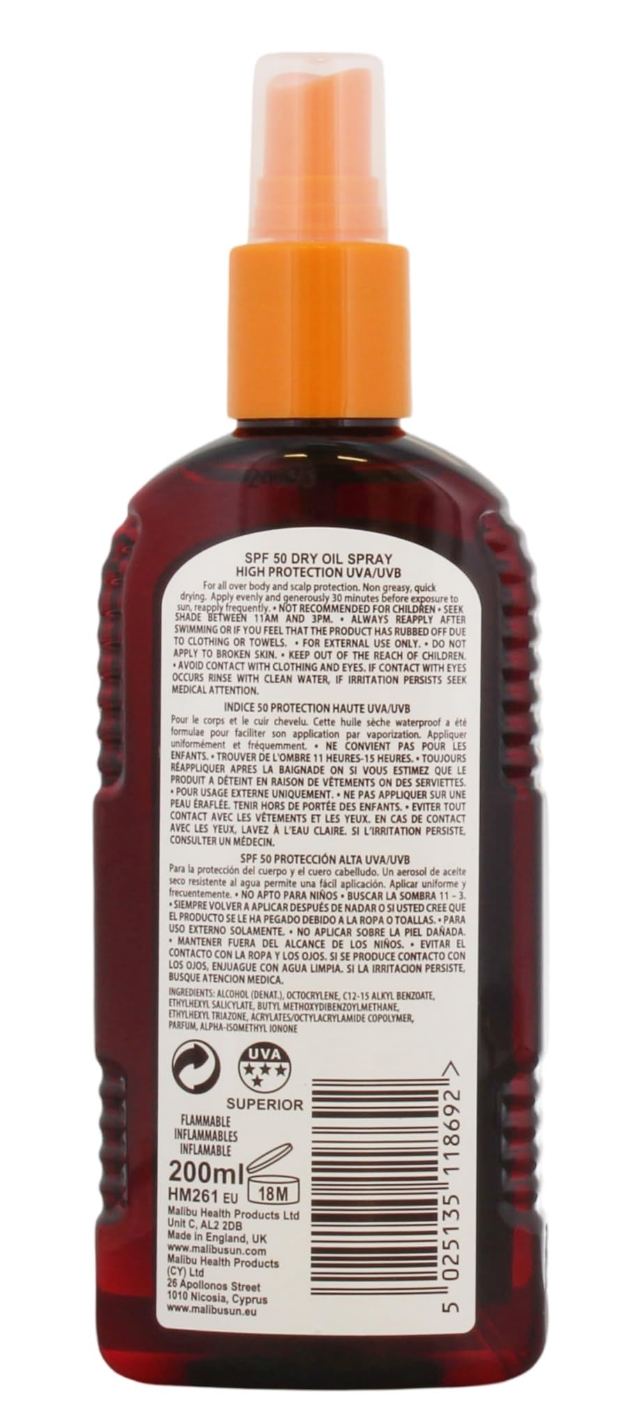 Malibu Sun SPF 50 Non-Greasy Dry Oil Spray for Tanning, High Protection, Water Resistant, 200ml