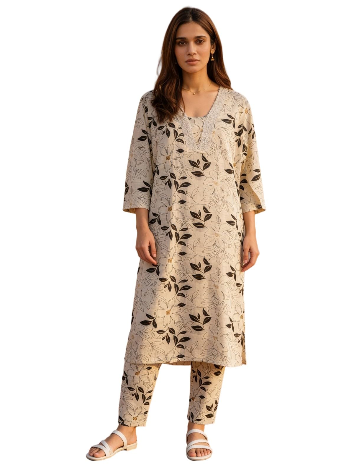 rangita Women Off-White Cotton Printed Straight Co-Ord Set-picture-13