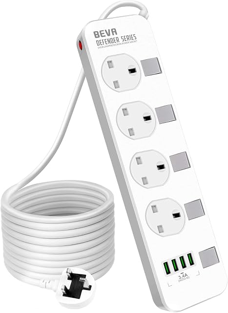 Extension Lead 5M, BEVA 4 Gang Power Strip with 4 USB Ports, Multi Plug Charging Station with Independent Switches, Surge Protected Power Extension for Home & Office - 5 Meter Cord (White)