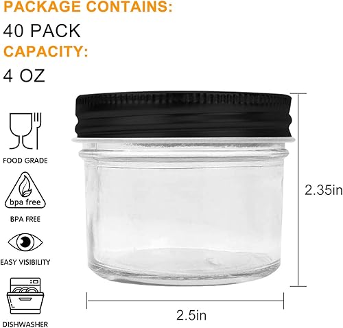 Miniatura 2 de Tarros de vidrio de 4 onzas con tapas y bandas, pequeños tarros de boca ancha, mini tarros de conservas con tapas negras para miel, mermelada,