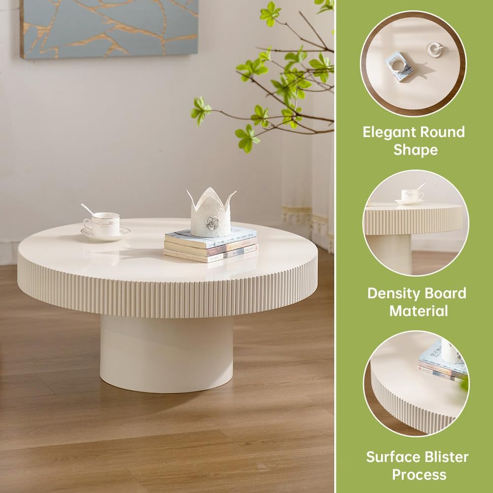 Round Drum Coffee Table White Round Fluted Coffee Table Modern Unique Fluted Drum Coffee Tables for Living Room (Ivory White, 30.7 * 30.7 * 13.6”)
