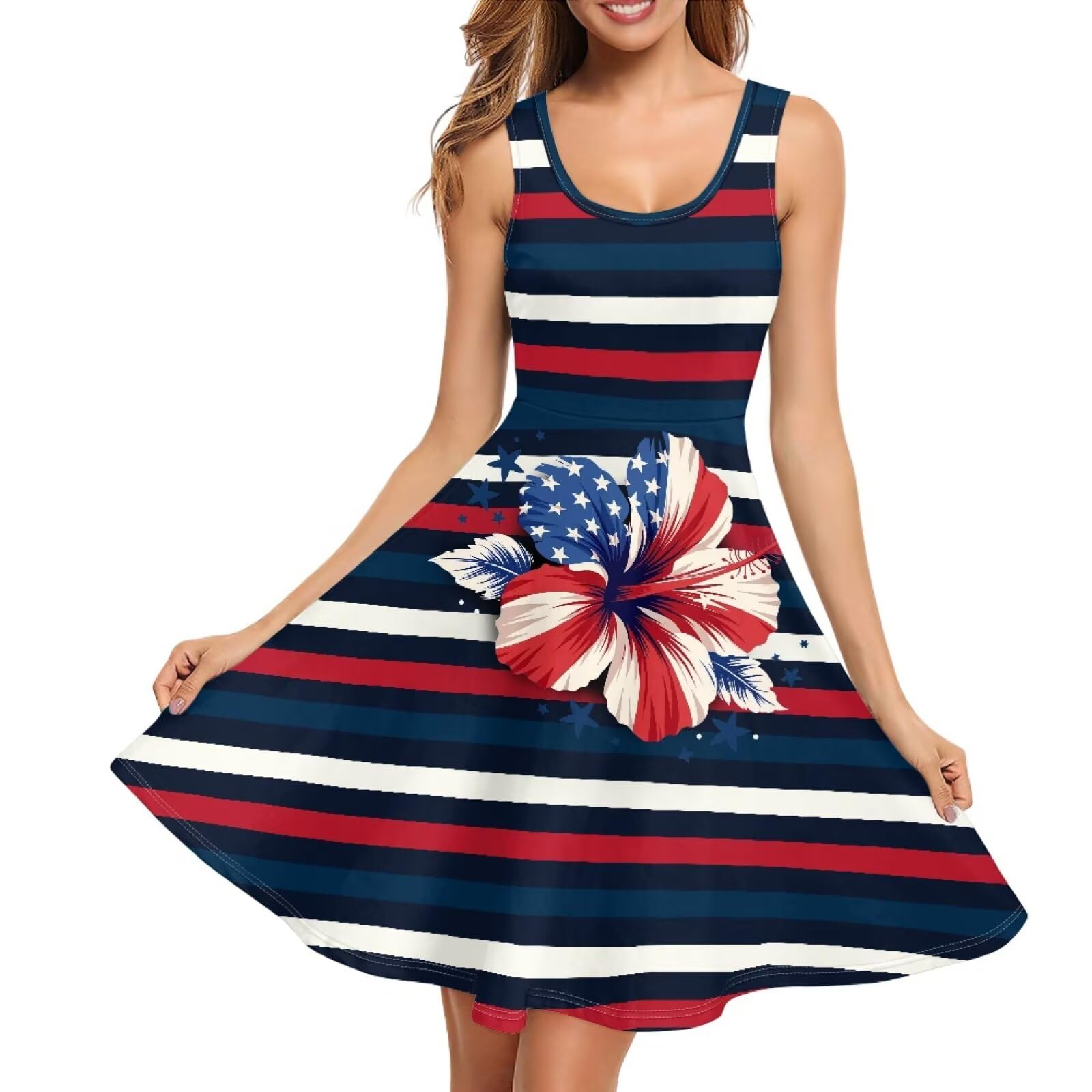 Women Stylish Tank Dresses Sleeveless Round Neck Midi Casual Dress with Pocket for Summer