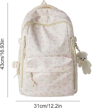 TIAASTAP Aesthetic School Backpack Cute School Bags for Girls Floral Print Preppy Back Pack Coquette Schoolbag for Teenage College Primary Secondary Middle (Pink)