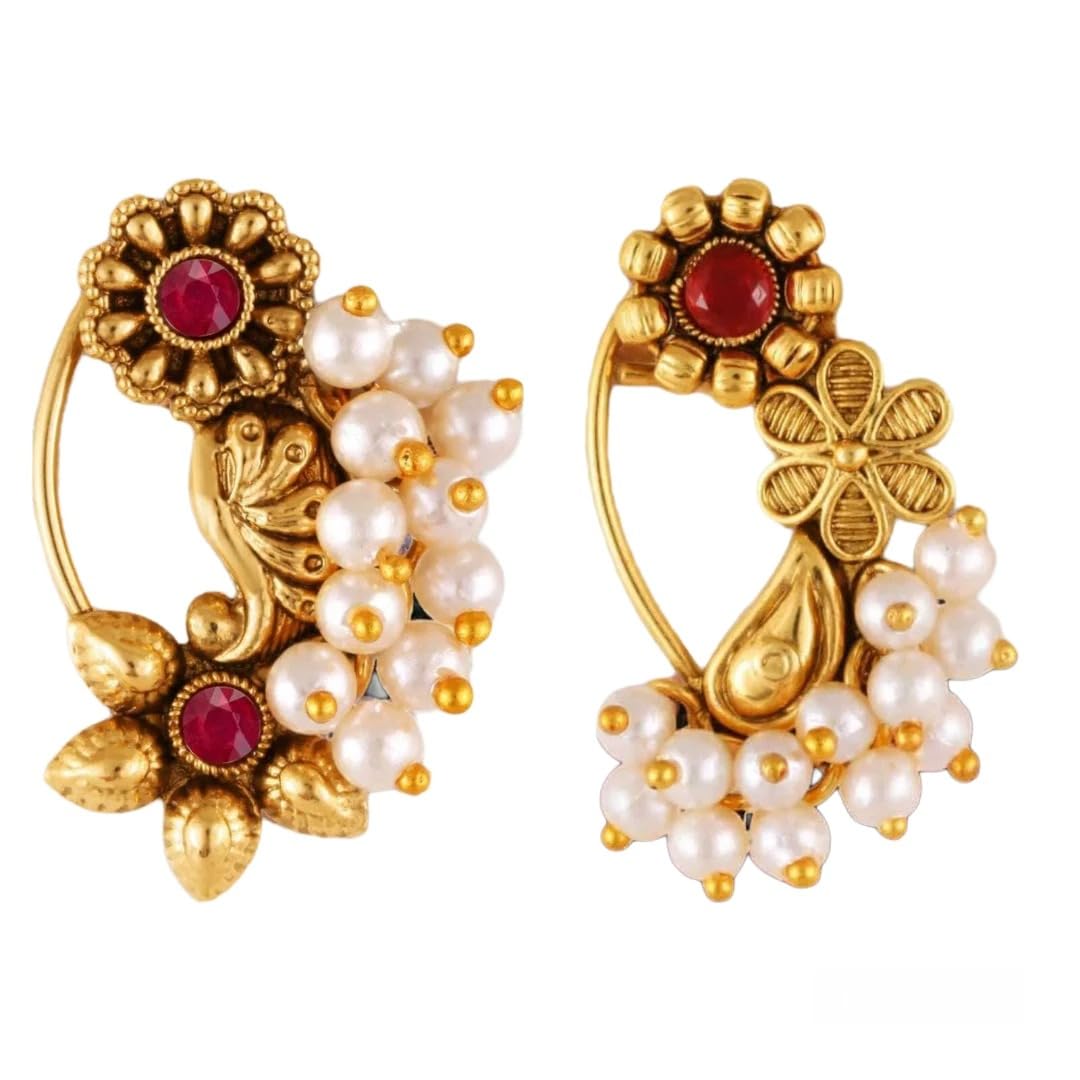 Vivasri s Premium & Unique Pearl Beaded White Moti Studded Gold Plated Alloy Colourfull Nosepin For Women & Girls-VIVA1180-1173NTH-Press-Red-image-18