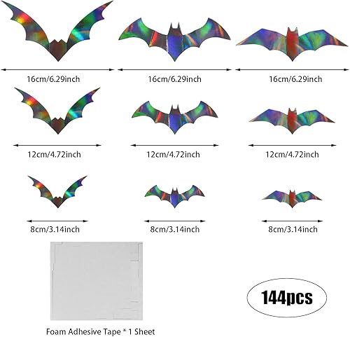 Miniatura 2 de CCINEE 144 piezas de decoración de pared de murciélago de Halloween, calcomanías de pared de murciélago iridiscente negro 3D holográfico decorativo