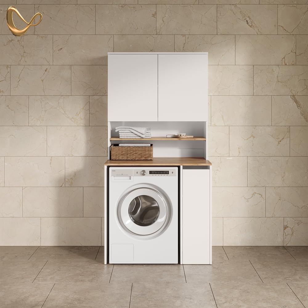 Livinity Armoire Machine à Laver Paolina, Blanc/Artisan, 93.6x88.2cm | 2 pièces avec étagèreEspace supplémentaire au-dessus de l'appareil pour ranger les détergents et les accessoires
