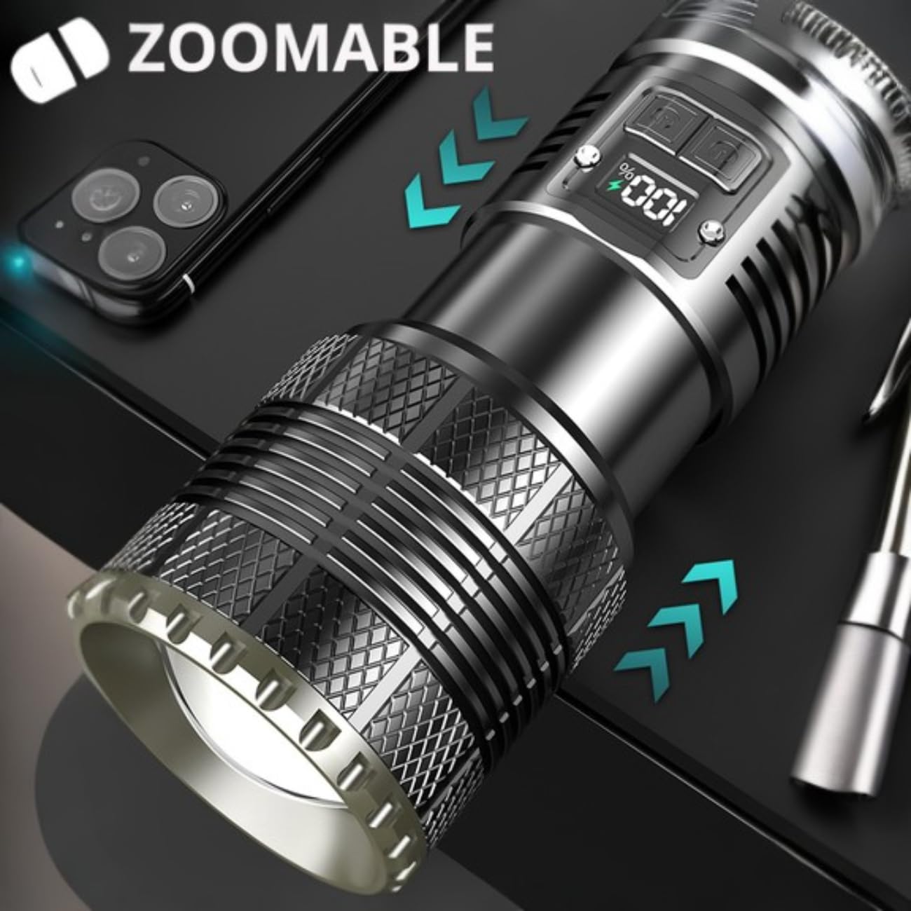 Torcia ricaricabile, 12000 lumen, torcia LED super luminosa con luce da lavoro COB, ad alta potenza, potente torcia portatile per emergenze, campeggio, escursionismo (nero)