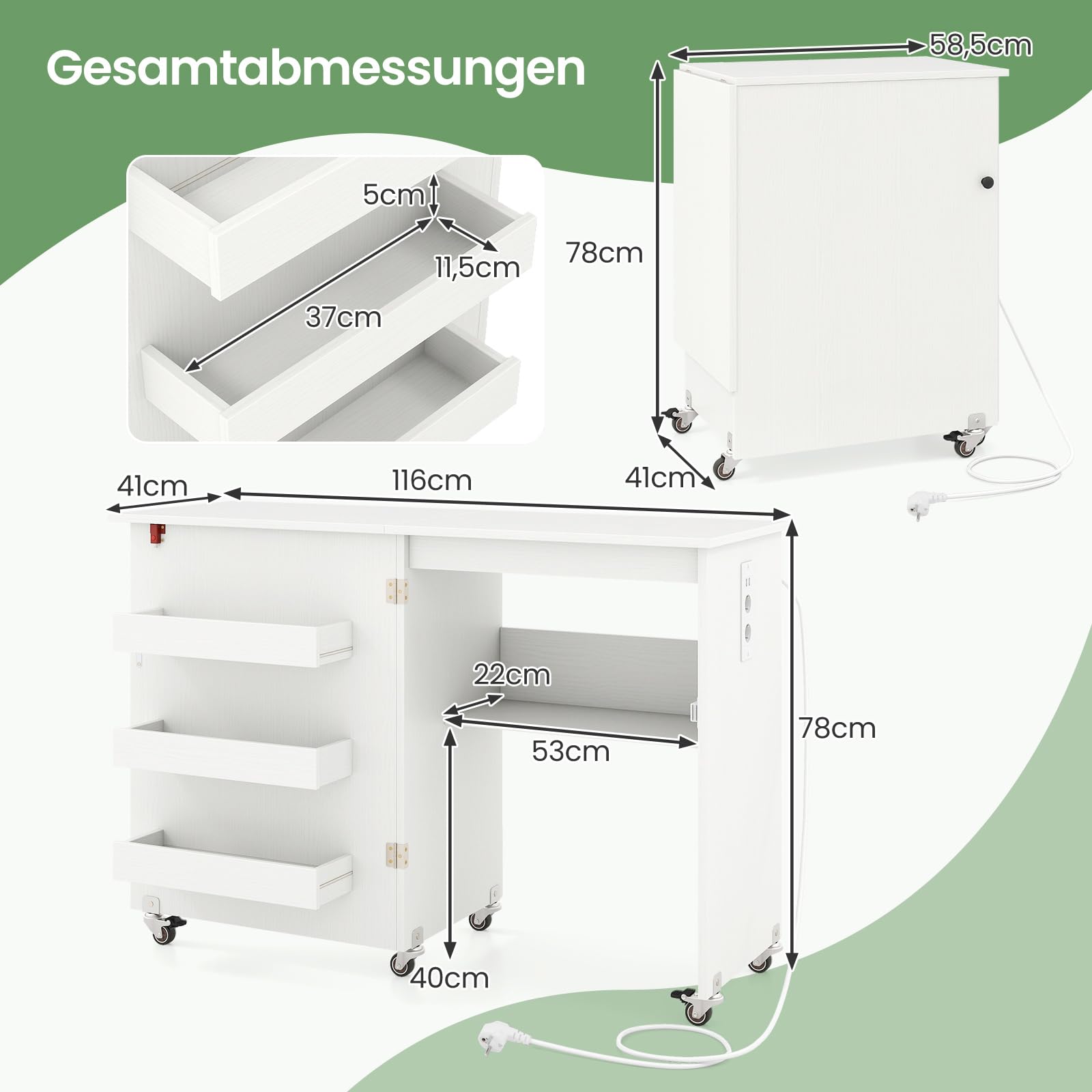 GIANTEX Nähtisch mit Ladestation, Nähmaschinentisch klappbar, Nähschrank mit Rollen, Nähmaschinenschrank Holz mit Stauraum, Nähtisch für Nähmaschine, Mehrzwecktisch 116 x 41 x 78 cm (Weiß)