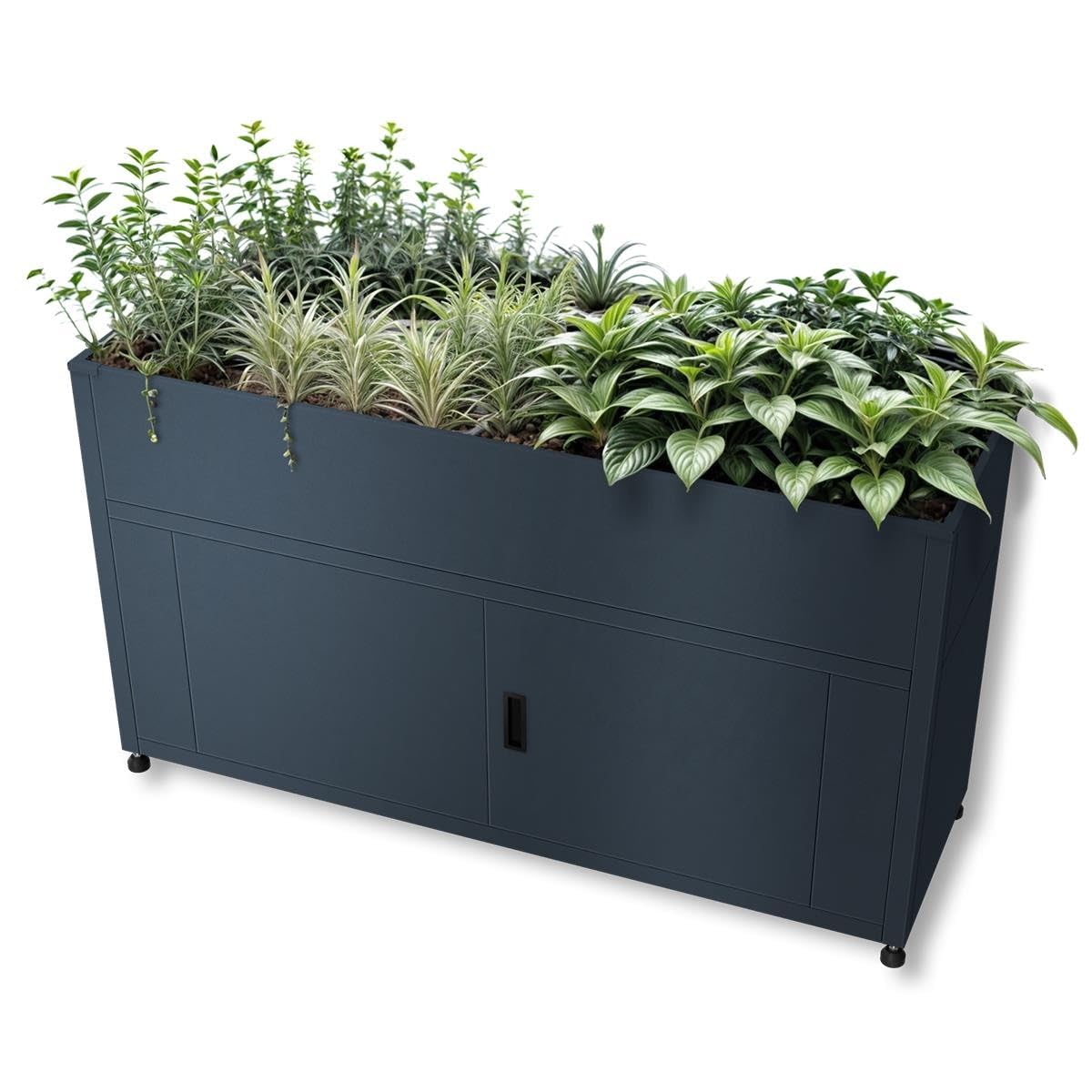 Metzler Hochbeet für den Garten mit Stauraum – Pulverbeschichteter Stahl in Anthrazit RAL 7016 | Witterungsbeständiges Metall-Gartenbeet, Pflanzenbeet, Blumenhochbeet | 160 x 85 x 50 cm