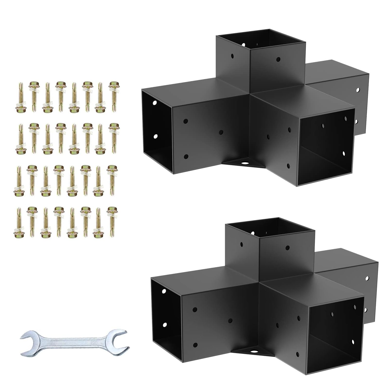 Kit Staffe per Pergolato, Staffe Angolari a 4 Vie 90° Adatte per Pali 95,5×95,5 mm, Kit di Montaggio in Acciaio per Strutture Esterne, 2 Pezzi
