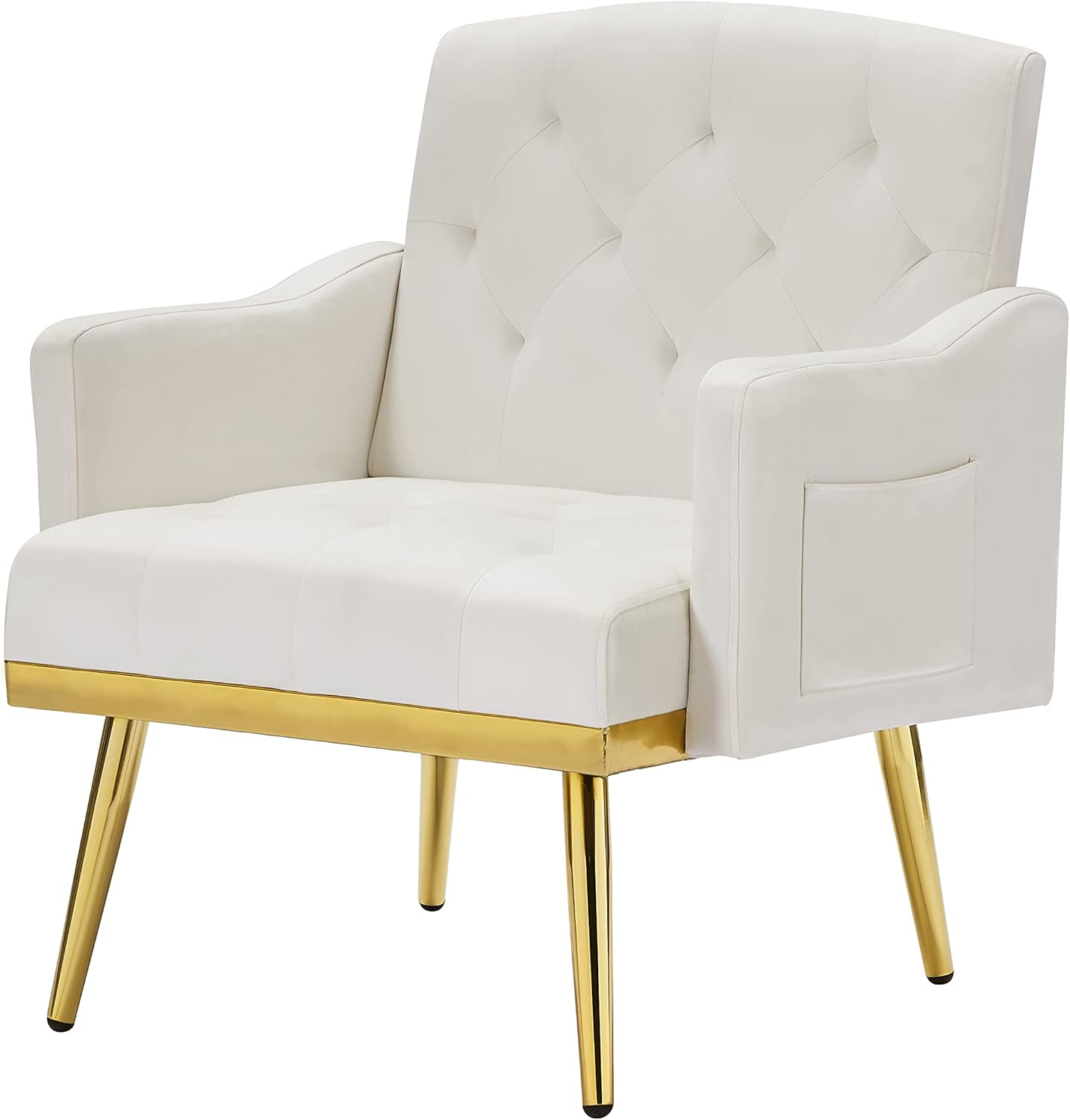 Velvet Accent Sofa Chair,Modern Armchair Tufted Upholstered Reading Chair with Pocket for Living Room,Bedroom,Office,Lounge,Reception Room (White-Velvet)