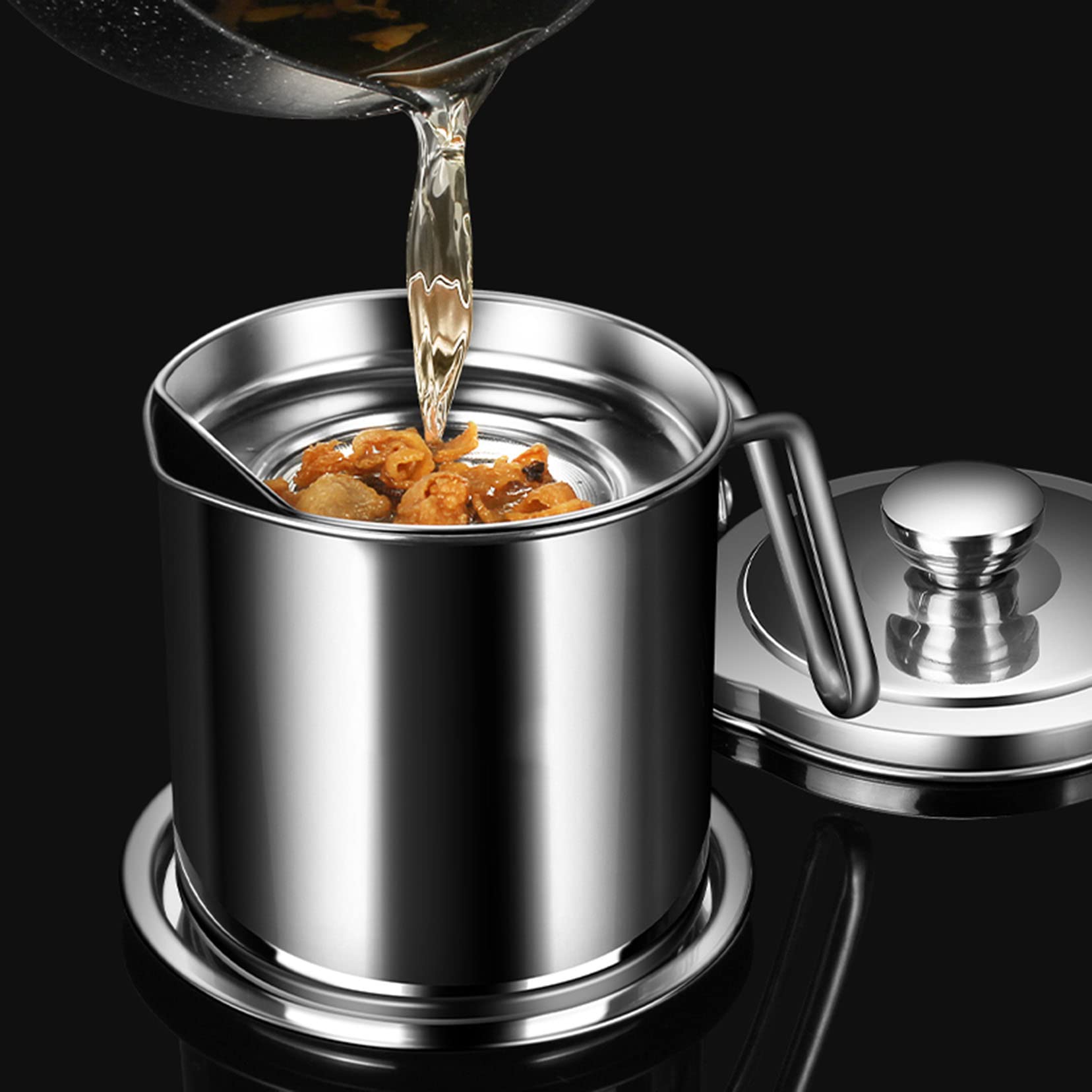 La Grasa De La Olla Del Colador De Aceite Puede 1,3 L De Acero Inoxidable De Acero Inoxidable De Almacenamiento De Aceite Con Colcha De Malla Fina Tapa a Prueba De P Silver-1.3L