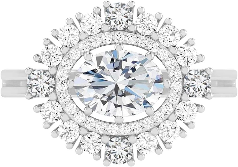 Lab Grown Diamond Oval Halo Cluster Ring for Women with Diamonds – 14K Solid Gold or 925 Sterling Silver – Vintage-InspiWhite April Birthstone Engagement, Anniversary & Statement Ring
