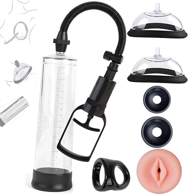 Penis Pussy Pump 2in1 Manual Vacuum Enlarger Extender, Couples Sex Toys | Sex Toys - Pumps & Enlarger with Male Masturbator Mini Pocket Pussy& Cock Ring, Clitoral & Nipple Suckers Vagina Adult Pumps