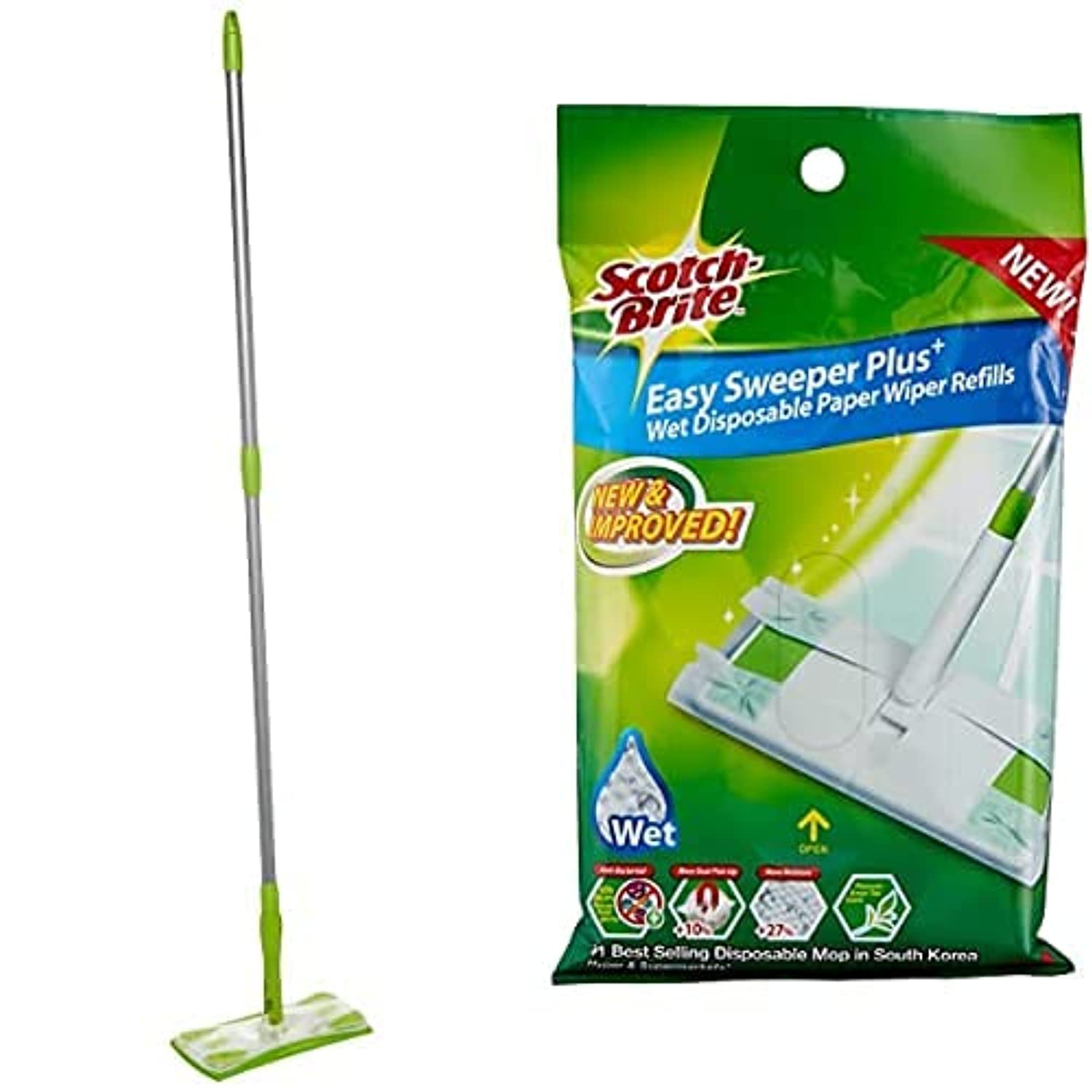 Scotch-BriteSweeper Kit (Support + Stick + 5 Wet Cloths 28cm x 21cm) 1 Kit/pack + Easy Sweeper (82x21cm cloth size) Disposable cleaning cloth Mop, 8 units/pack