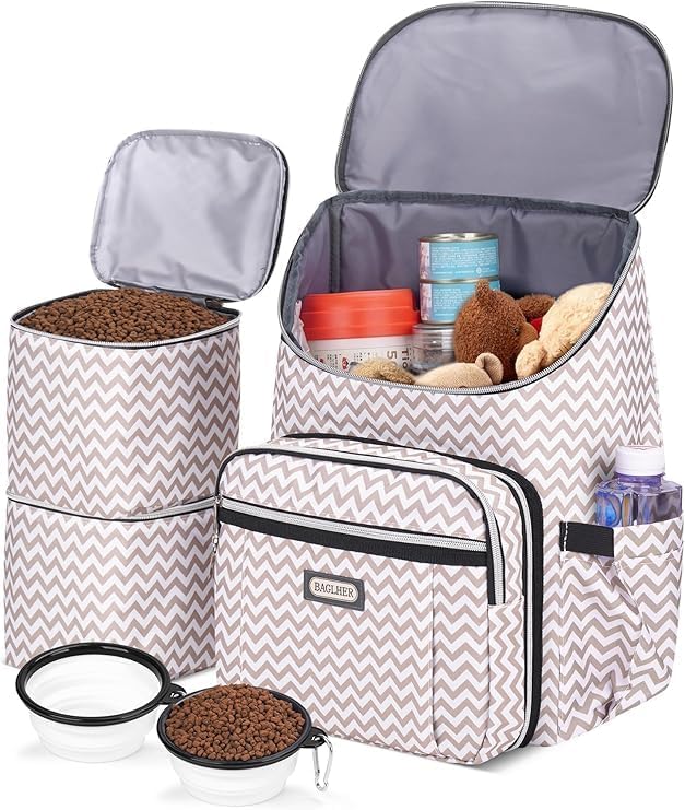 BAGLHER Travel Dog Backpack – Detachable Travel Dog Food Container for Pet Supplies Dog Gear Backpack,Dog Bag for Traveling with 2 Silicone Collapsible Bowls and 2 Food Baskets
