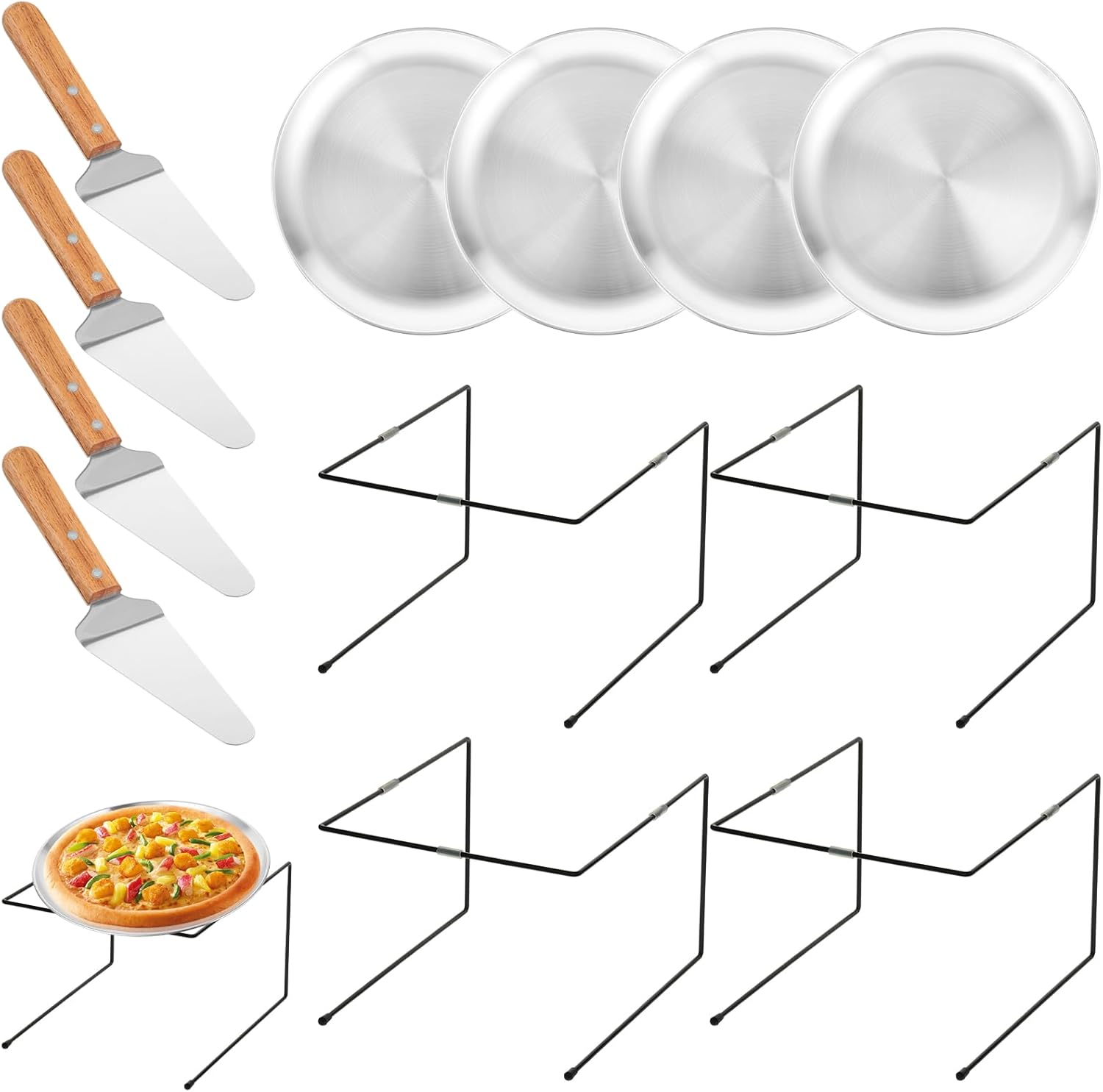 12 Pcs Pizza Pan Riser Stands Sets Includes 4 Metal Pizza Table Stands 4 Pizza Pan(11.8in) and 4 Wood Handle Pie Server, Pizza Rack Stand Pizza Tray for Pizza Dessert Cheese (Silver)
