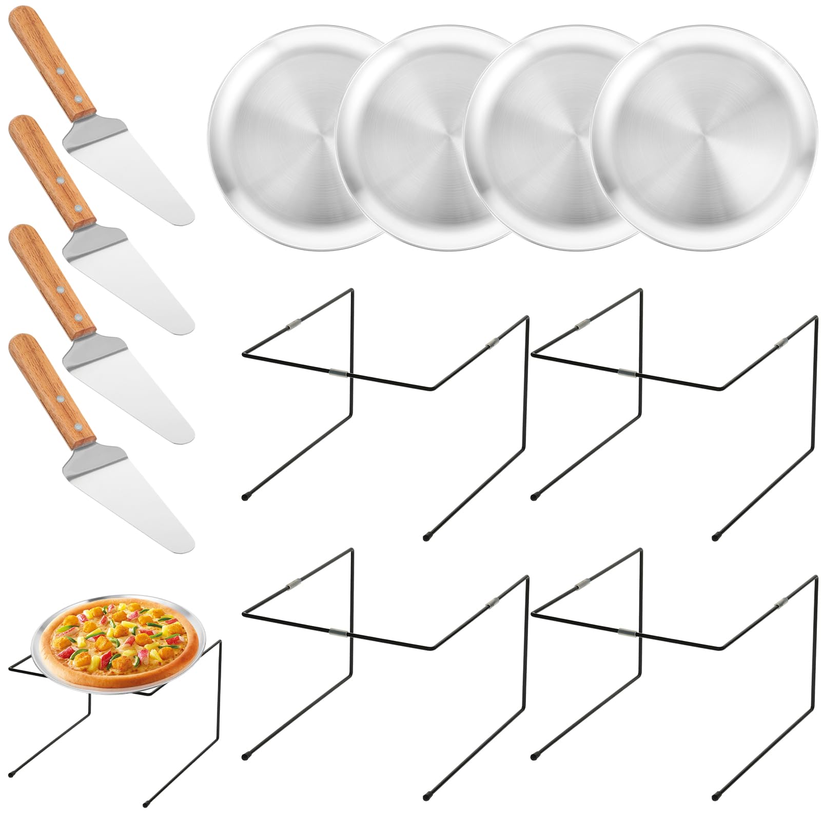 12 Teiliges Pizza-Pfannenständer Pizzablech Set beinhaltet 4 Metall Pizzaständer und 4 Pizzablech (30 cm) Edelstahl-Kuchenservierer für Geburtstage, Partys, Feiertage, Bankette