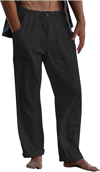 Mens Linen Pants Beach Casual Cotton Summer Lightweight Elastic Waist Drawstring with Deep Pockets LP330