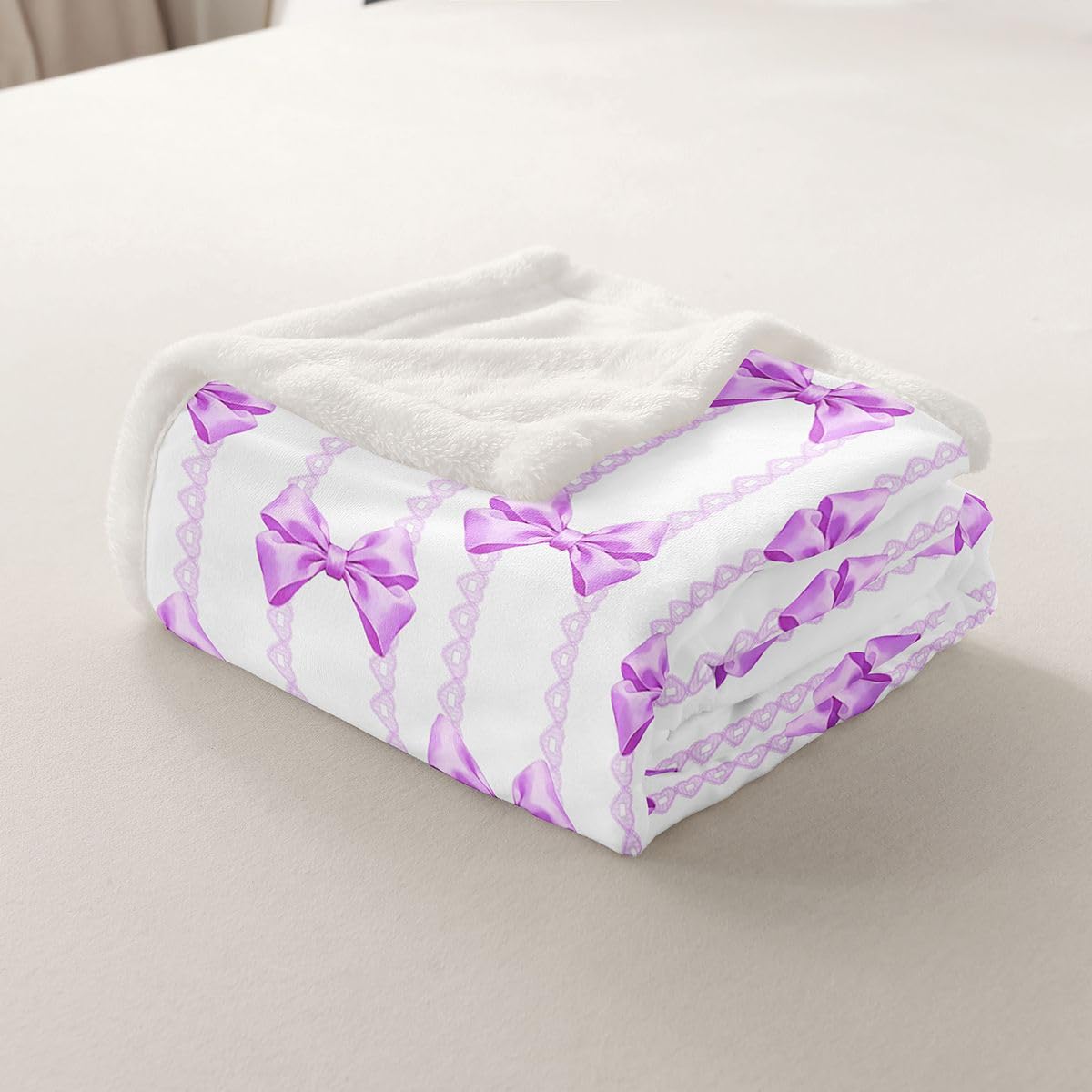 Homewish Kokarda dziewczęca kawaii fioletowy koc szerpa księżniczka kokardka marzycielski puszysty pluszowy narzuta koronka w paski polarowy koc - wstążka śliczna dekoracja na łóżko kanapę