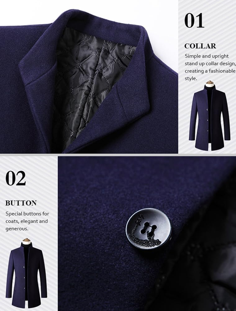 Lavnis Men's Winter Trench Coat Wool Blend Pea Coat Slim Fit Single Breasted Topcoat Business Down Jacket - Image 5