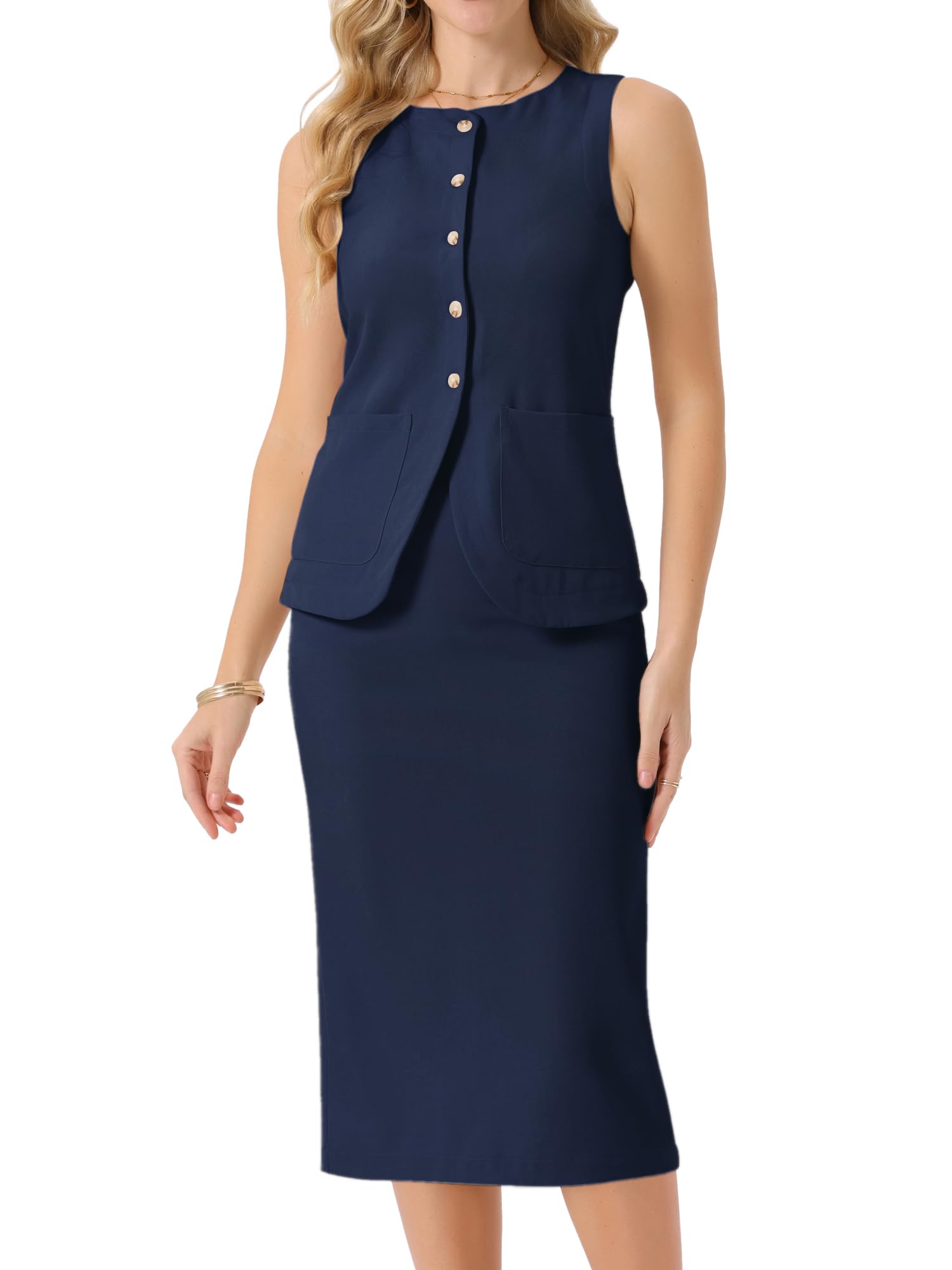 Seta T Womens Summer 2 Piece Suit Skirt Set Business Work Set Button Down Sleeveless Vest Blazer and