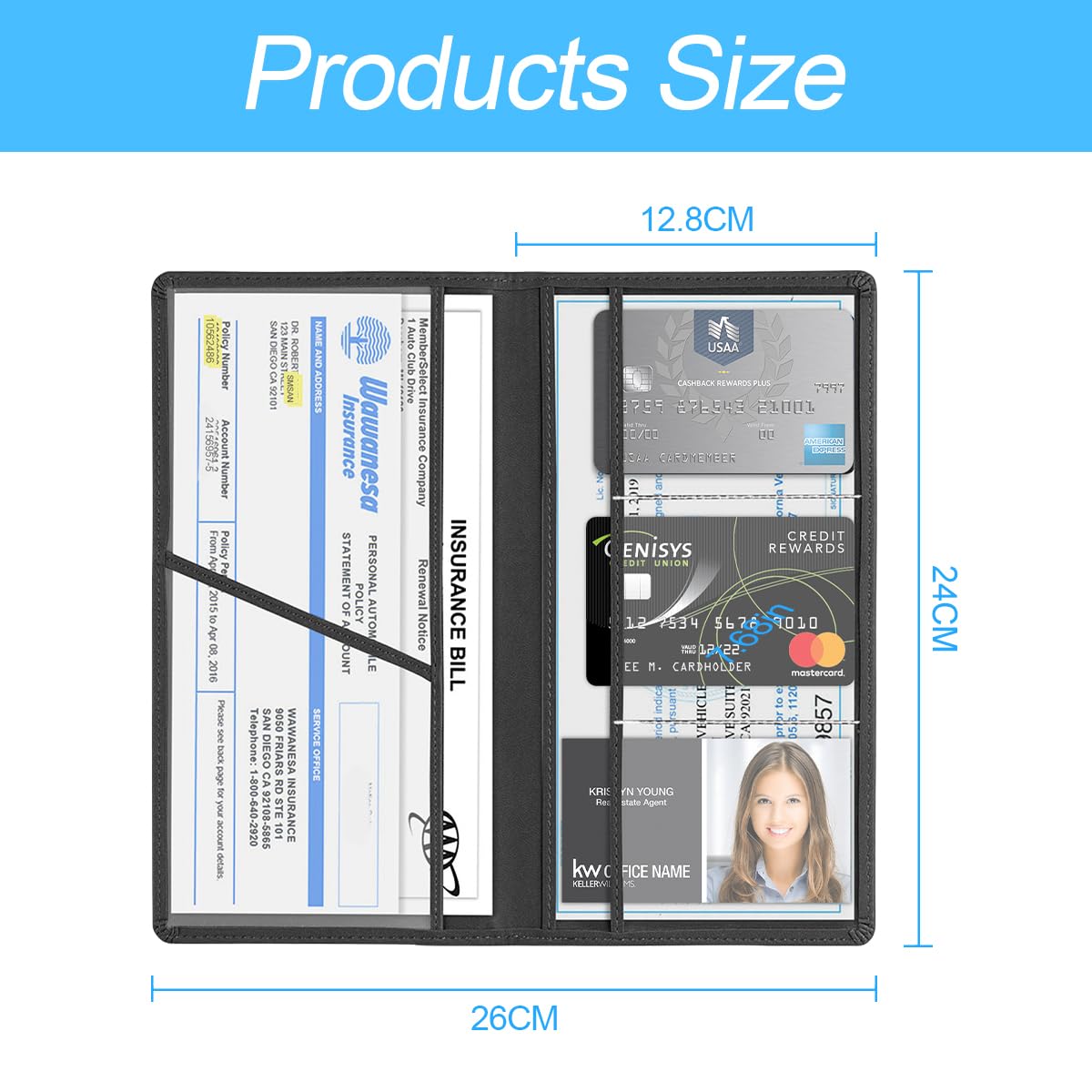 JNNJ Funda protectora para guantera y soporte de documentos, autorización de coche, piel sintética, organizador para documentos importantes (negro)