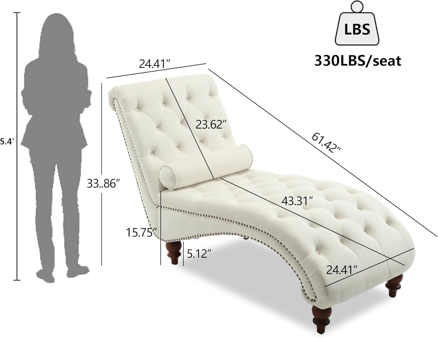 Button-Tufted Chaise Lounge Indoor, Velvet Chaise Lounge Chair with Legs & Toss Pillow, Armless Rolled Backrest Leisure Sofa Recliner for Living Room Bedroom (Begie)