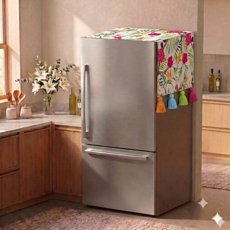 Image of Double Door Fridge Cover 400+L | 450 GSM Durable Fridge Top Cover with Tassels |Fits Godrej, LG, Haier, Samsung Models| Dustproof Refrigerator Cover Mat in Floral Print | WWW.THROWPILLOW.IN